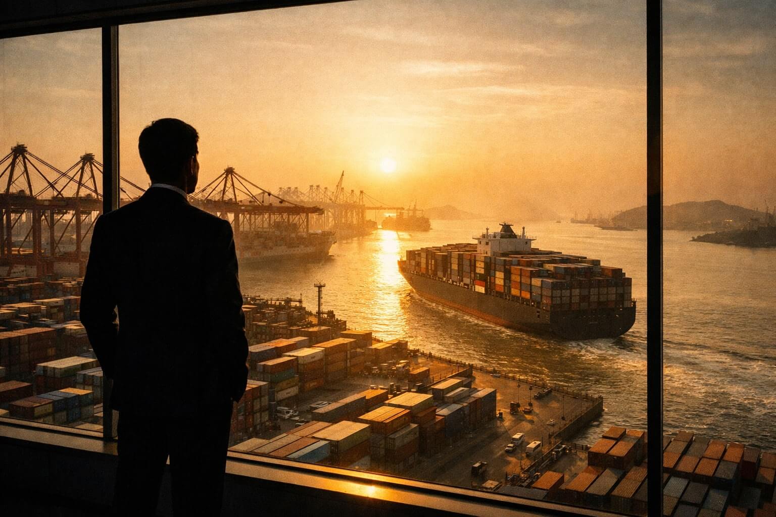 Logistics professional overlooking a busy container terminal in China